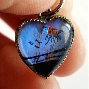 Vintage pendant butterfly wing blue morpho insect heart palm tree
